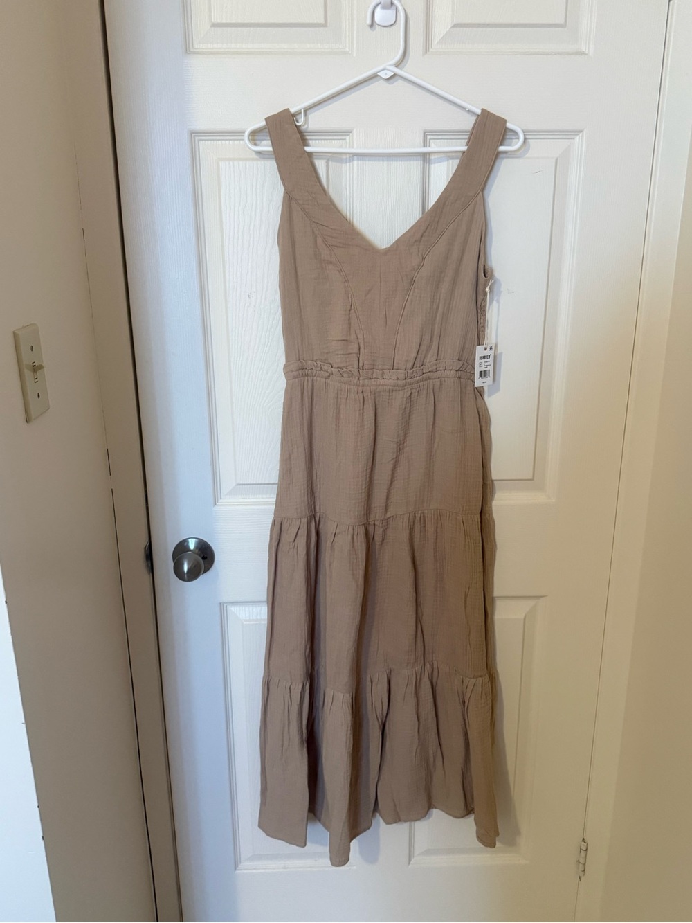 Sleeveless Tiered V-Neck Maxi Dress in Light Taupe 100%Cotton